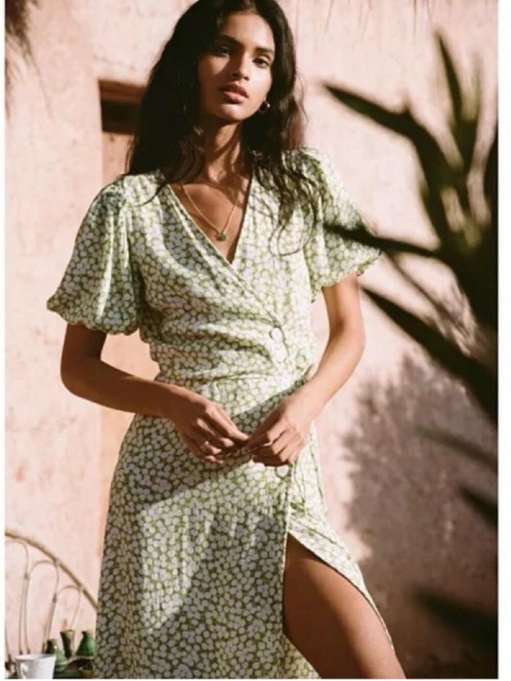 Faithfull The Brand Anne Marie Green White Floral Wrap Midi Dress Puff Sleeve 6